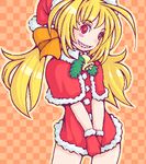  artist_request bell blonde_hair capelet christmas copyright_request grin hat lowres oekaki red_capelet santa_costume santa_hat sharp_teeth smile solo teeth 