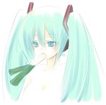  aqua_hair blue_eyes colored_eyelashes expressionless eyelashes hatsune_miku long_hair mouth_hold nude sketch solo spring_onion twintails upper_body vocaloid yukian 