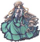  brown_hair cota dress drill_hair frills green_eyes hat heterochromia long_hair long_sleeves lowres red_eyes ribbon rozen_maiden solo suiseiseki twin_drills twintails very_long_hair 