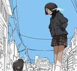 animal blue_sky breath brown_eyes brown_hair brown_skirt buttons cat city cold day hands_in_pockets long_sleeves miniskirt original outdoors plaid power_lines short_hair skirt sky solo standing uki_atsuya winter 