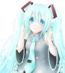  aqua_hair blue_eyes blue_hair blush collared_shirt copyright_name detached_sleeves glowing grey_shirt hair_between_eyes hair_ornament hands_on_headphones hatsune_miku headphones long_hair minyo necktie number shirt simple_background skirt snowflakes snowing solo tattoo twintails vocaloid white_background 