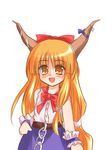  :d artist_request bare_shoulders belt blue_skirt bow bowtie chain cowboy_shot frills horns ibuki_suika long_hair looking_at_viewer oni open_mouth orange_hair red_bow red_neckwear simple_background skirt smile solo touhou very_long_hair white_background wrist_cuffs 