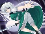  ass black_hairband bloomers blush bobby_socks dress food from_behind fruit green_dress hairband hitodama holding holding_food holding_fruit katana konpaku_youmu konpaku_youmu_(ghost) looking_at_viewer short_hair silver_hair socks solo sword touhou underwear uni8 unsheathed upskirt weapon white_bloomers 