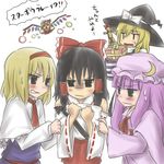  alice_margatroid black_hair blonde_hair capelet clenched_teeth detached_sleeves expressionless flandre_scarlet frills frown gift hakurei_reimu hat kiji_(manekinuko-tei) kirisame_marisa long_sleeves mob_cap multiple_girls patchouli_knowledge purple_eyes ribbon-trimmed_sleeves ribbon_trim shaded_face sidelocks simple_background teeth touhou translated upper_body white_background wings witch_hat 