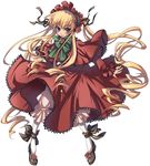  blonde_hair bloomers blue_eyes bonnet bow bowtie brooch cota frills gem green_bow green_neckwear jewelry long_hair long_sleeves looking_at_viewer lowres rozen_maiden shinku sidelocks simple_background solo standing twintails underwear white_background white_bloomers 