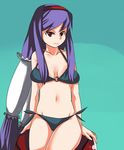  anastasia_valeria aqua_background bikini black_bikini breasts cleavage hairband johnny_funamushi large_breasts long_hair mole mole_under_eye navel purple_hair red_eyes red_hairband side-tie_bikini sitting smile solo swimsuit twintails very_long_hair wild_arms wild_arms_2 