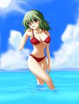  bikini breasts breasts_apart cloud day duplicate green_hair hand_on_own_chest kazami_yuuka kurinton large_breasts plaid plaid_bikini red_eyes smile solo sun swimsuit touhou water 