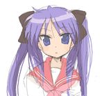  hair_ribbon hiiragi_kagami long_hair lucky_star mumu oekaki pink_neckwear purple_eyes purple_hair ribbon ryouou_school_uniform school_uniform serafuku simple_background sketch solo tsurime twintails 