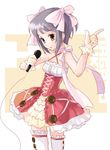  bare_shoulders bow cowboy_shot frills hair_bow katahira_masashi lace microphone nagato_yuki solo suzumiya_haruhi_no_yuuutsu thighhighs zettai_ryouiki 