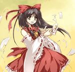 artist_request ascot asymmetrical_hair bare_shoulders bow brown_hair burning collared_shirt cravat detached_sleeves dress eyebrows eyebrows_visible_through_hair eyes_visible_through_hair frilled_dress frilled_shirt_collar frilled_sleeves frills hair_bow hair_tubes hakurei_reimu japanese_clothes miko ofuda open_mouth paper red_bow red_dress red_ribbon ribbon ribbon-trimmed_clothes ribbon-trimmed_dress ribbon-trimmed_sleeves ribbon_trim sash shirt solo source_request touhou white_ribbon white_sleeves wide_sleeves yellow_background yellow_eyes yellow_neckwear 