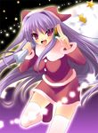  :d bell breasts christmas clannad fujibayashi_kyou hair_intakes hat impossible_clothes large_breasts leg_up long_hair open_mouth purple_eyes purple_hair sack santa_costume santa_hat skirt smile solo star thighhighs very_long_hair white_legwear yukizuki_chikuba 