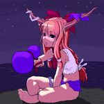  artist_request bare_shoulders blue_skirt blush bottle bow bowtie brown_eyes chain cliff drunk full_body gourd hair_bow holding horizon horns ibuki_suika indian_style midriff miniskirt navel ocean orange_hair outdoors red_bow red_neckwear shirt shore sitting skirt sleeveless sleeveless_shirt soles solo stomach toes touhou water white_shirt 