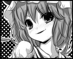  :d blush e.x.on eyebrows_visible_through_hair greyscale looking_at_viewer monochrome nose_blush open_mouth polka_dot polka_dot_background remilia_scarlet short_hair simple_background smile solo touhou upper_body 