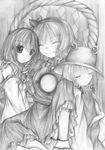  artist_request greyscale hat kochiya_sanae monochrome moriya_suwako multiple_girls rope shimenawa sleeping touhou yasaka_kanako 