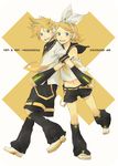  1girl :d belt black_shorts blonde_hair blue_eyes boots brother_and_sister character_name copyright_name detached_sleeves full_body hair_ornament hair_ribbon hairpin headset hug hug_from_behind kagamine_len kagamine_rin knee_boots looking_at_viewer midriff navel neckerchief necktie neon_trim open_mouth ribbon school_uniform serafuku shorts siblings smile strap twins upper_teeth vocaloid white_ribbon x yellow_neckwear yoshito 