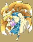  bent_over blonde_hair dress fox_tail frilled_legwear frilled_sleeves frills hands_in_opposite_sleeves hat long_sleeves looking_at_viewer michii_yuuki mob_cap multiple_tails ofuda pillow_hat short_hair sleeves_rolled_up socks solo standing tabard tail tassel touhou white_dress white_hat white_legwear wide_sleeves yakumo_ran 
