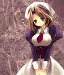  brown_hair character_name corset dress hat necktie puffy_sleeves purple_background purple_eyes ryuushou shannon short_hair solo umineko_no_naku_koro_ni v_arms 