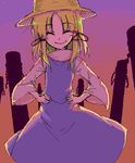  ^_^ blonde_hair closed_eyes hair_ribbon hands_on_hips hat hirase_yuu moriya_suwako oekaki onbashira ribbon shide smile solo sunset touhou turtleneck 