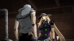  blonde_hair commentary grey_hair gun gyro_zeppeli hachuart handgun highres jojo_no_kimyou_na_bouken long_hair looking_at_another multiple_boys official_style pistol ringo_roadagain short_hair silk spider_web stare_down steel_ball_run twitter_username weapon 