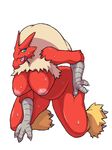  big_breasts blaziken blue_eyes breasts claws conigliooo female inverted_nipples kneeling kori-nio nintendo nipples nude open_mouth pok&#233;mon pokemon solo sweat tongue tongue_out video_games 