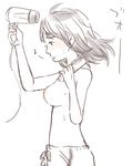  ahoge akizuki_ritsuko blush breasts brush drying drying_hair floating_hair from_side hair_brush hair_dryer hatomugi_(mugicha) holding_brush idolmaster idolmaster_(classic) large_breasts monochrome musical_note nipples profile short_hair simple_background solo topless white_background wind 