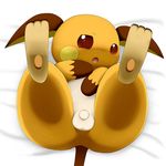  3_toes balls brown_eyes butt cub hindpaw legs_up looking_at_viewer lying male nintendo nude on_back paws penis pok&#233;mon pokemon raichu riko schnecken sheets solo uncut video_games young 