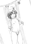  1girl :d ahoge antenna_hair breasts dutch_angle idolmaster kikuchi_makoto locker locker_room looking_at_viewer makoto_kikuchi monochrome nipples open_mouth panties panties_only short_hair small_breasts smile solo standing topless towel underwear underwear_only 