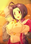  1boy 1girl age_difference areolae azusa_miura banana between_breasts blue_hair blush breast_grab breasts cap food fruit grabbing grabbing_from_behind gym_uniform hetero higashitaishi idolmaster large_breasts miura_azusa navel nipples no_bra old_man open_clothes open_mouth pink_eyes short_hair standing unzipped 