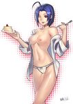  1girl ;p ahoge bad_id bad_pixiv_id blue_hair breasts cake food fork idolmaster idolmaster_(classic) jjune medium_breasts miura_azusa navel nipples no_bra one_eye_closed open_clothes open_shirt panties purple_eyes shirt short_hair sleeves_pushed_up solo tongue tongue_out underwear white_panties 