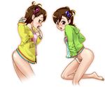  ass barefoot blush bottomless brown_eyes brown_hair finger_to_mouth futami_ami futami_mami hair_bobbles hair_ornament hood hoodie idolmaster idolmaster_(classic) legs multiple_girls naughty_face open_mouth short_hair siblings side_ponytail sisters smile sweat t-hiko tank_top tongue twins 