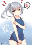  anger_vein angry black_ribbon blue_background blue_swimsuit blush breasts brown_eyes character_name collarbone commentary_request covering covering_crotch eyebrows_visible_through_hair frown gradient gradient_background grey_hair hair_between_eyes hair_ribbon kantai_collection kasumi_(kantai_collection) long_hair looking_at_viewer one-piece_swimsuit ribbon school_swimsuit side_ponytail silver_hair small_breasts solo sou_(soutennkouchi) spoken_anger_vein swimsuit twitter_username white_background 