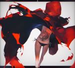  aigushi ass bare_legs black_panties cloak commentary_request dutch_angle highres hood hood_up hooded_cloak little_red_riding_hood little_red_riding_hood_(grimm) long_sleeves original outside_border panties red_cloak shiny shiny_skin side-tie_panties solo tattoo torn_cloak torn_clothes underwear walking wind wind_lift 