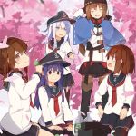  akatsuki_(kantai_collection) anchor_necklace anchor_symbol badge belt black_belt black_bow black_eyes black_footwear black_hat black_legwear black_skirt blue_eyes blue_hair blue_shawl bow brown_eyes brown_hair brown_legwear cherry_blossoms commentary_request dango fang flat_cap folded_ponytail food grey_eyes hair_bow hair_ornament hairclip hat hibiki_(kantai_collection) ikazuchi_(kantai_collection) inazuma_(kantai_collection) jacket kantai_collection light_blue_hair long_hair low_twintails medium_hair multiple_girls neckerchief official_art pantyhose papakha pleated_skirt red_neckwear red_shirt ribbon_trim scarf school_uniform serafuku shawl shirt short_hair skirt star tashkent_(kantai_collection) thighhighs torn_scarf twintails wagashi white_jacket white_scarf yadokari_(migihashi) 