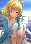  1girl ;) blonde_hair blue_cardigan blurry blurry_background blush braid breasts chair cleavage collarbone crown_braid dress eyebrows_visible_through_hair hair_rings highres huge_breasts knee_up knees_to_chest knees_up large_breasts legs_together looking_at_viewer love_live! love_live!_sunshine!! medium_hair ocean ohara_mari one_eye_closed outdoors prbili railing short_hair sitting sky smile solo sunlight water white_dress yellow_eyes 