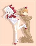  1girl :d animal_costume arms_up christmas dress full_body gloves hamao legs_up long_sleeves looking_at_viewer open_mouth original red_eyes reindeer_costume silhouette silver_hair smile standing standing_on_one_leg white_dress white_gloves 