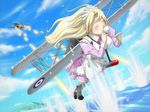  aircraft airplane apron bf_109 biplane blonde_hair blush breasts closed_eyes cloud cup day dress drinking flying game_cg large_breasts long_hair maid maid_headdress mecha_musume military moe_moe_niji_taisen_ryaku mountain necktie outdoors plate sky solo splashing swordfish_(airplane)_(personification) teacup torayama_motoha torpedo water what wind world_war_ii 