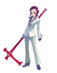  copyright_request formal pant_suit polearm red_eyes short_hair simple_background solo suit weapon weno 
