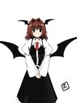  black_skirt frilled_skirt frills hair_intakes head_wings koakuma lilac_(p-f_easy) long_sleeves looking_at_viewer necktie red_eyes red_hair red_neckwear simple_background skirt skirt_set solo standing touhou vest white_background 