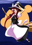  blue_eyes braid broom cosplay hat hong_meiling kirisame_marisa kirisame_marisa_(cosplay) red_hair solo touhou twin_braids witch_hat 