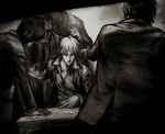  akagi akagi_shigeru artist_request closed_mouth dark expressionless formal grey light long_sleeves male_focus monochrome multiple_boys sitting standing suit table upper_body yakuza 