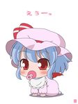  baby bib blush chibi hat hatomugisan highres pacifier pink_hat red_eyes remilia_scarlet short_hair solo touhou younger 