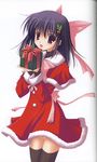  :d absurdres black_legwear capelet christmas gift hair_ornament highres holding holding_gift holly holly_hair_ornament looking_at_viewer nanao_naru open_mouth original pink_eyes purple_hair red_capelet santa_costume scan simple_background smile solo texture thighhighs white_background zettai_ryouiki 
