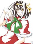  :d alternate_hairstyle bow bowtie capelet christmas dress frills fur_trim glass green_bow green_neckwear hair_intakes hair_ribbon hairband holding open_mouth red_capelet red_dress ribbon ribi santa_costume simple_background smile solo suzumiya_haruhi suzumiya_haruhi_no_yuuutsu white_background 