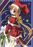  :d absurdres blonde_hair boots christmas copyright_request from_behind hair_ribbon hat highres holly long_hair looking_at_viewer looking_back nanao_naru open_mouth ribbon sack santa_boots santa_costume santa_hat scan sidelocks smile solo star thighhighs 