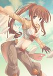  breasts brown_eyes brown_hair card chuujou_kagetsu cleavage floating_card gloves large_breasts long_hair ponytail ragnarok_online solo thief_(ragnarok_online) 