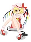  ascot blonde_hair bluepony bobby_socks bow closed_mouth convenient_leg eyebrows_visible_through_hair flandre_scarlet frilled_ascot frilled_shirt_collar frilled_skirt frilled_sleeves frills frown full_body hands_on_own_knees hat hat_bow knees_together_feet_apart knees_up laevatein looking_at_viewer mary_janes medium_hair miniskirt mob_cap pigeon-toed puffy_short_sleeves puffy_sleeves red_bow red_eyes red_footwear red_skirt shoes short_sleeves simple_background sitting skirt skirt_set socks solo touhou tsurime white_background white_legwear wings 