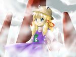  blonde_hair blue_eyes dress extra_eyes haibane_(tsukumo_no_kiseki) hat long_sleeves moriya_suwako outdoors pillar purple_dress short_hair smile solo sweater touhou upper_body 