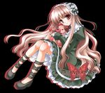  black_background cross-laced_footwear dress frills full_body gothic green_dress hairband juliet_sleeves knees_up lolita_hairband long_hair long_sleeves looking_at_viewer minase_lin original puffy_sleeves shoes simple_background solo very_long_hair 
