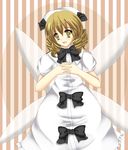  black_bow blonde_hair blush bow dress drill_hair fairy_wings hat interlocked_fingers looking_at_viewer luna_child open_mouth smile solo striped striped_background touhou white_dress wings yellow_eyes 