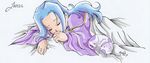  alfador animal blanket blue_hair cat chrono_trigger closed_eyes full_body janus_zeal long_hair long_sleeves male_focus pajamas simple_background sleeping solo under_covers white_background 